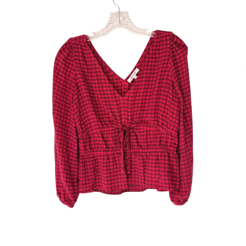 Madewell Crinkled‎ V-Neck Peplum Top Plaid Hibiscus Blouse Crinkled Drapey Small